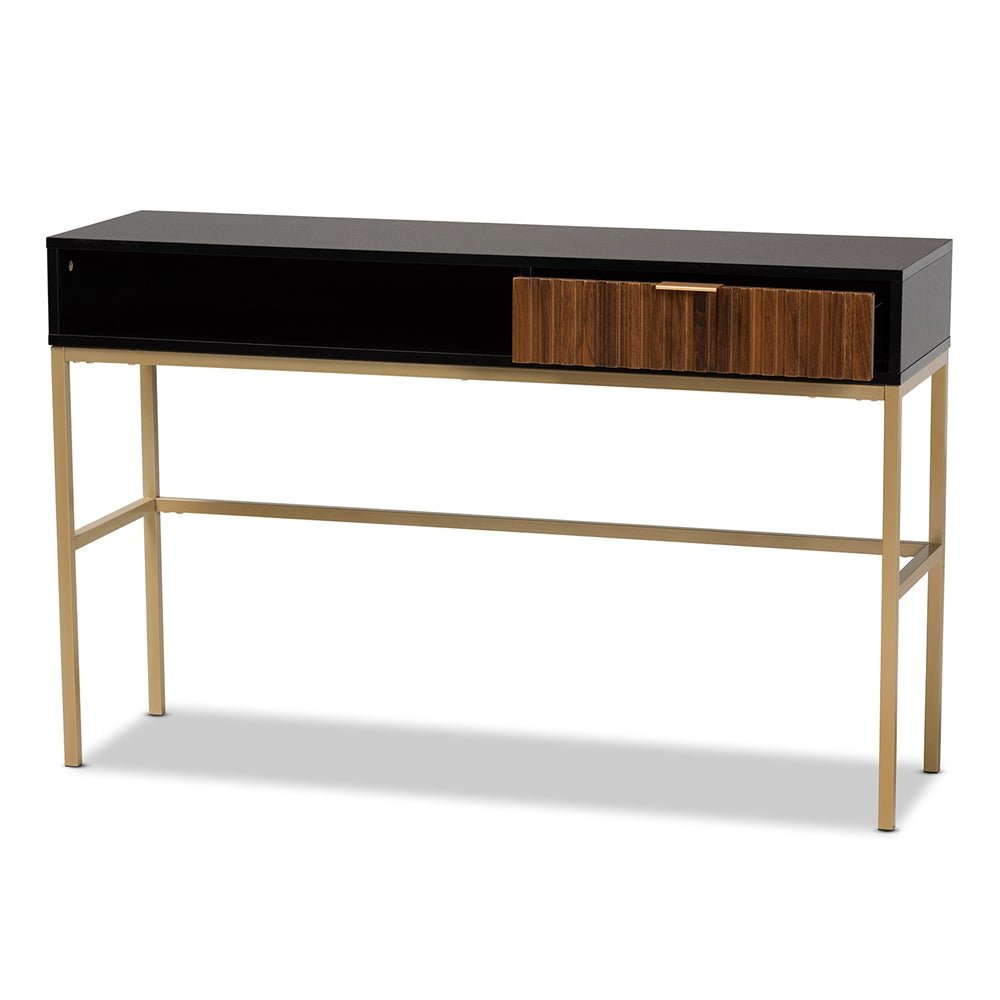 Baxton Studio Uriel Mid Century Modern Natural Brown & Black Finished Wood & Gold Metal Drawer Console Table - lily & onyx
