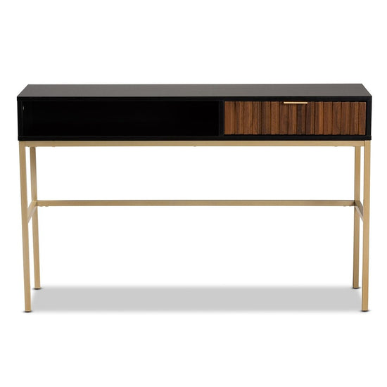 Baxton Studio Uriel Mid Century Modern Natural Brown & Black Finished Wood & Gold Metal Drawer Console Table - lily & onyx