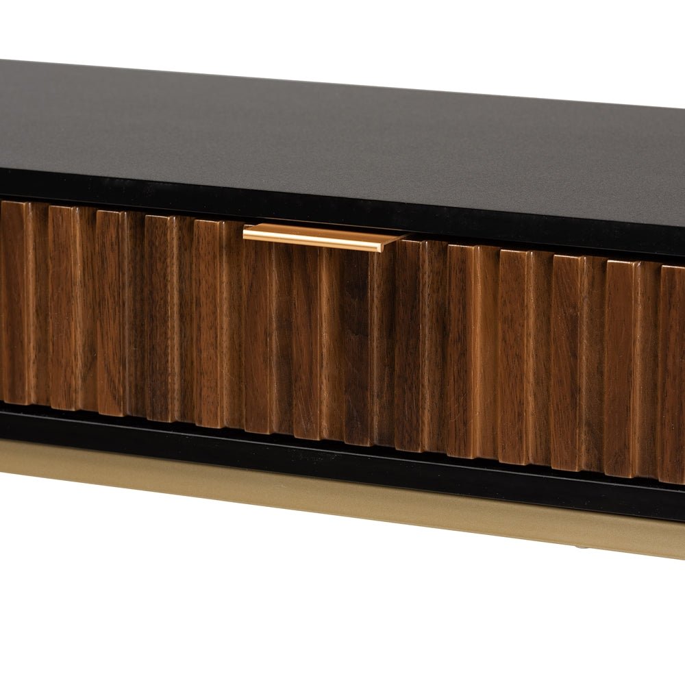 Baxton Studio Uriel Mid Century Modern Natural Brown & Black Finished Wood & Gold Metal Drawer Console Table - lily & onyx
