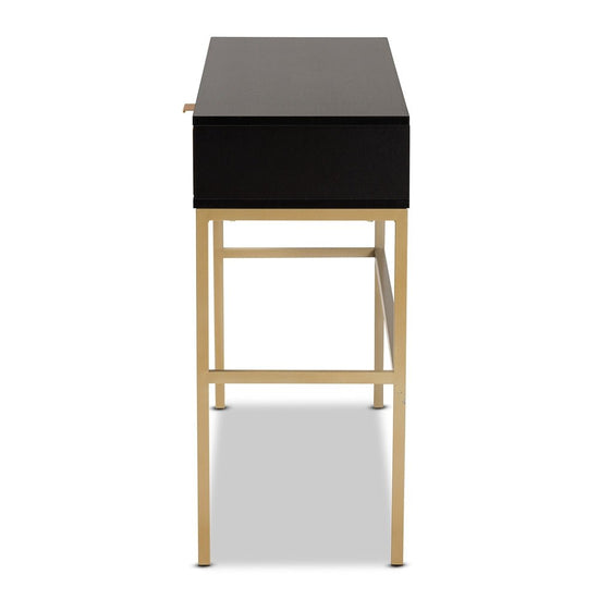 Baxton Studio Uriel Mid Century Modern Natural Brown & Black Finished Wood & Gold Metal Drawer Console Table - lily & onyx