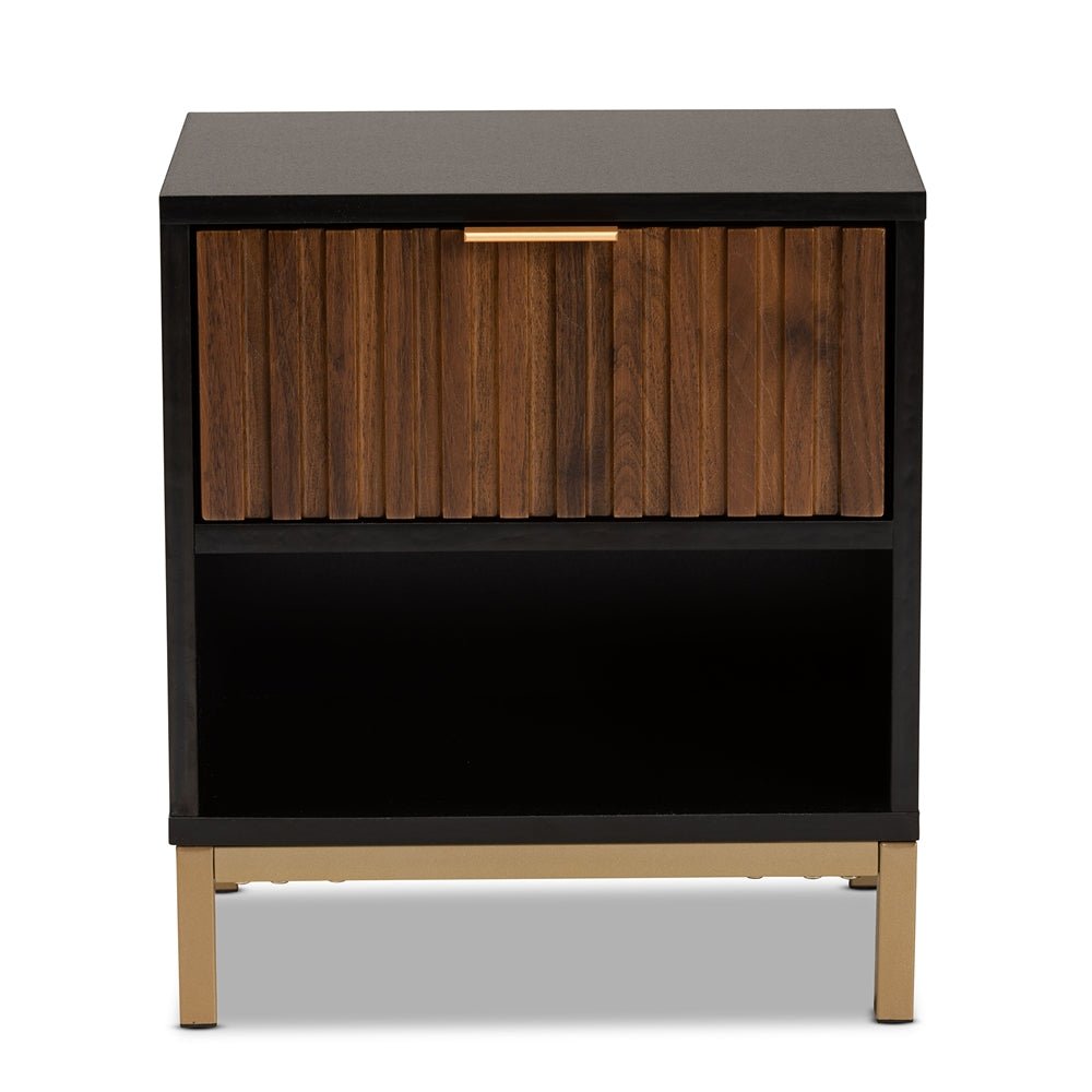 
                      
                        Baxton Studio Uriel Mid Century Modern Natural Brown & Black Finished Wood & Gold Metal Drawer Nightstand - lily & onyx
                      
                    