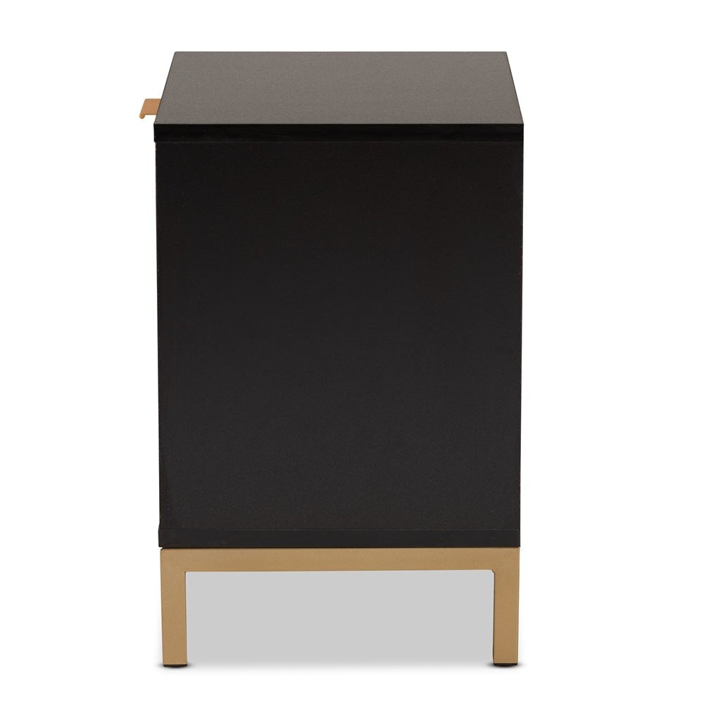 
                      
                        Baxton Studio Uriel Mid Century Modern Natural Brown & Black Finished Wood & Gold Metal Drawer Nightstand - lily & onyx
                      
                    