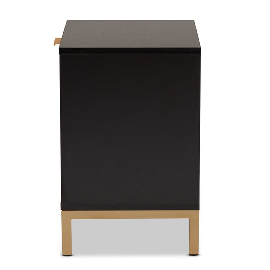 Baxton Studio Uriel Mid Century Modern Natural Brown & Black Finished Wood & Gold Metal Drawer Nightstand - lily & onyx