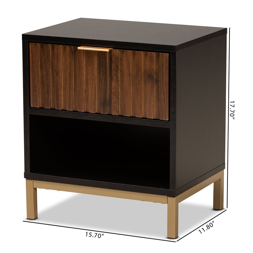 
                      
                        Baxton Studio Uriel Mid Century Modern Natural Brown & Black Finished Wood & Gold Metal Drawer Nightstand - lily & onyx
                      
                    