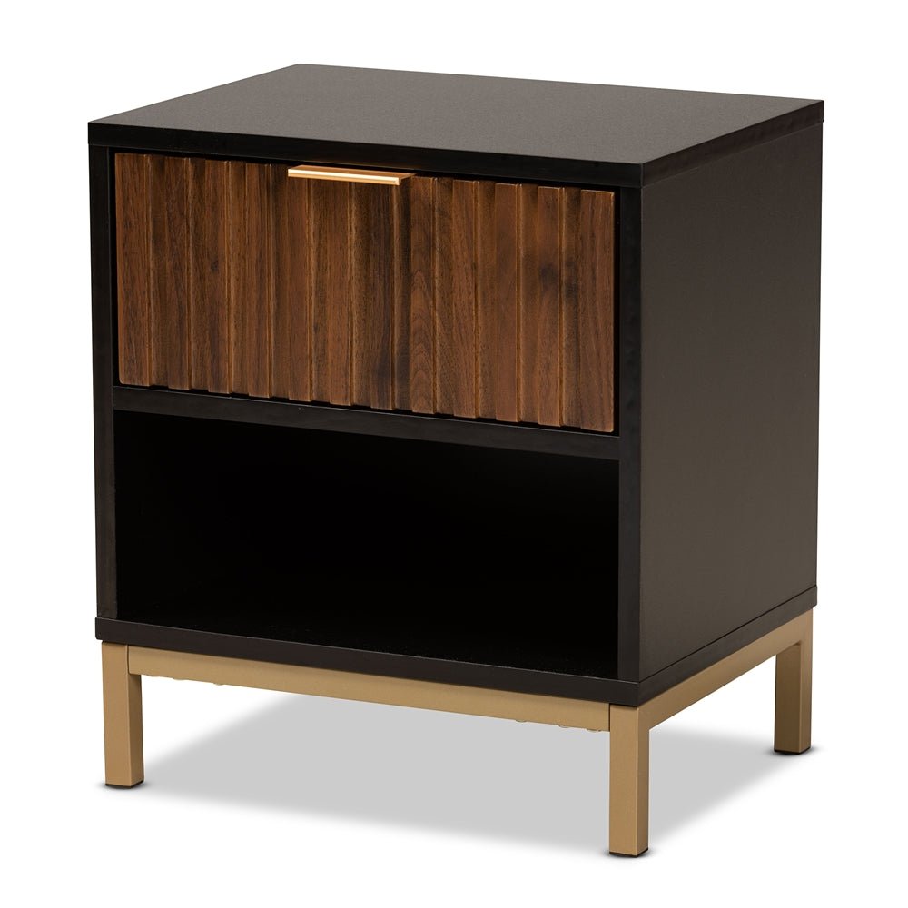 
                      
                        Baxton Studio Uriel Mid Century Modern Natural Brown & Black Finished Wood & Gold Metal Drawer Nightstand - lily & onyx
                      
                    