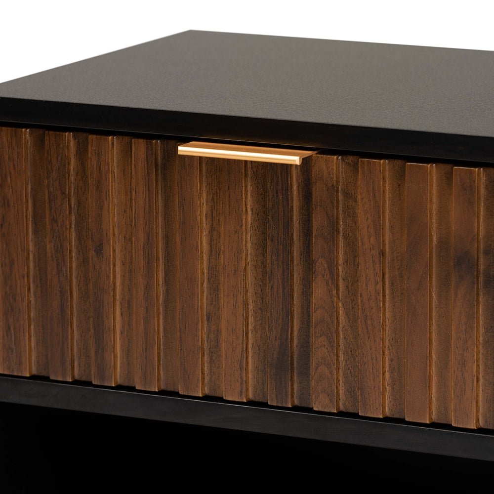 
                      
                        Baxton Studio Uriel Mid Century Modern Natural Brown & Black Finished Wood & Gold Metal Drawer Nightstand - lily & onyx
                      
                    