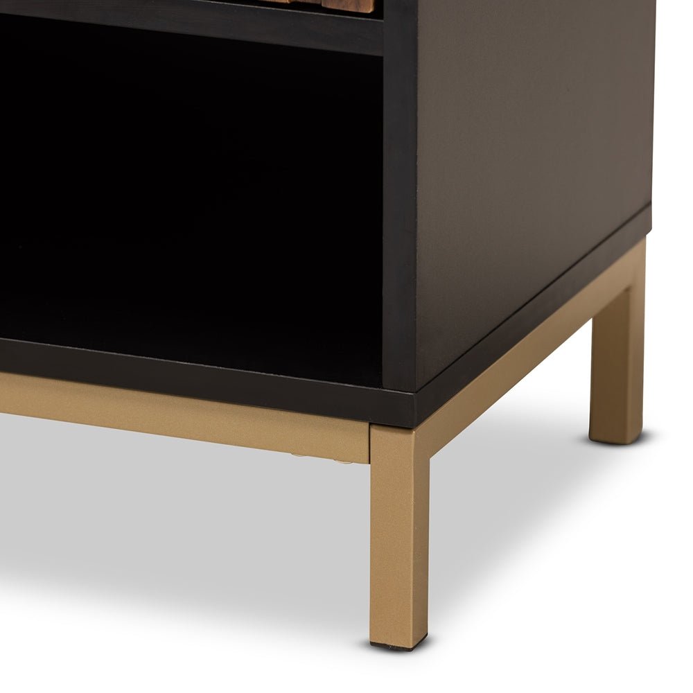 
                      
                        Baxton Studio Uriel Mid Century Modern Natural Brown & Black Finished Wood & Gold Metal Drawer Nightstand - lily & onyx
                      
                    