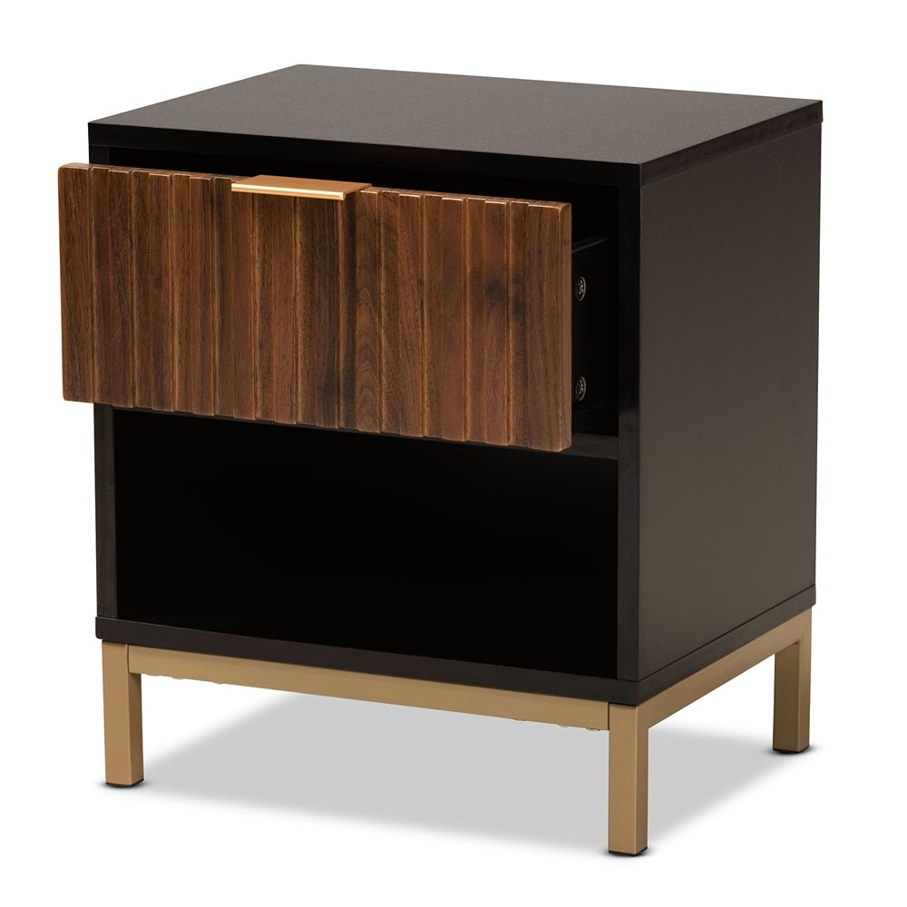 
                      
                        Baxton Studio Uriel Mid Century Modern Natural Brown & Black Finished Wood & Gold Metal Drawer Nightstand - lily & onyx
                      
                    