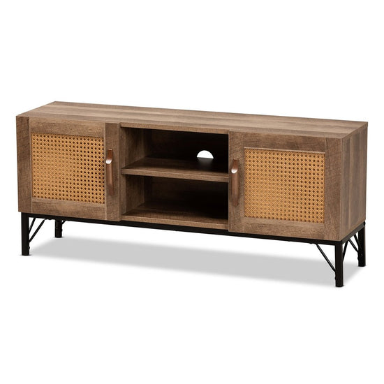 Baxton Studio Veanna Bohemian Natural Brown Finished Wood And Black Metal 2 Door Tv Stand With Synthetic Rattan - lily & onyx