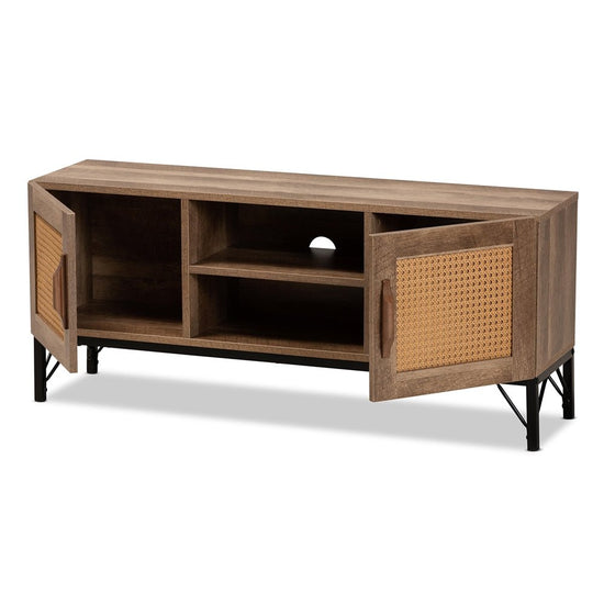 Baxton Studio Veanna Bohemian Natural Brown Finished Wood And Black Metal 2 Door Tv Stand With Synthetic Rattan - lily & onyx