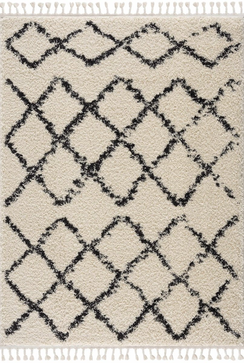 Hauteloom Wallagrass Beige & Black Trellis Tassel Shag - lily & onyx