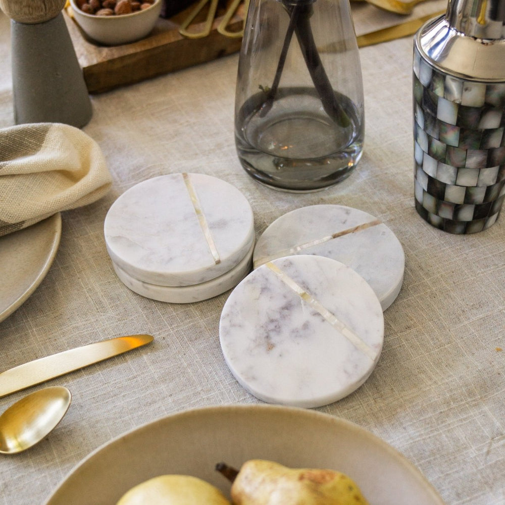 
                      
                        Bloomingville White Marble Coasters With Mother Of Pearl Inlay, Set Of 4 - lily & onyx
                      
                    