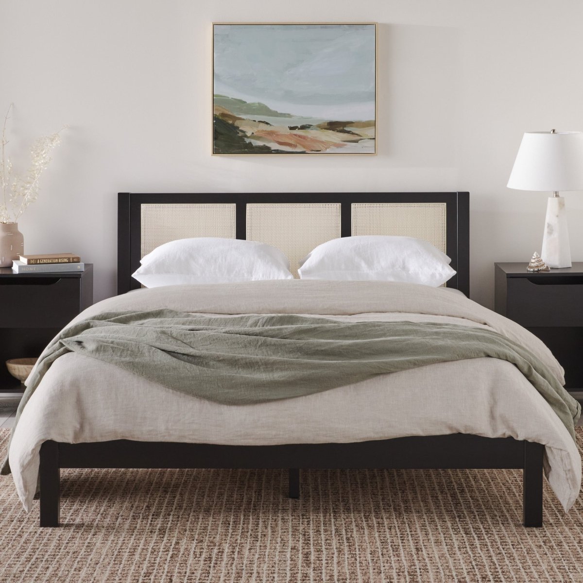 Walker Edison Yasmina Solid Wood Rattan Paneled Platform Bed (Queen or King) - lily & onyx