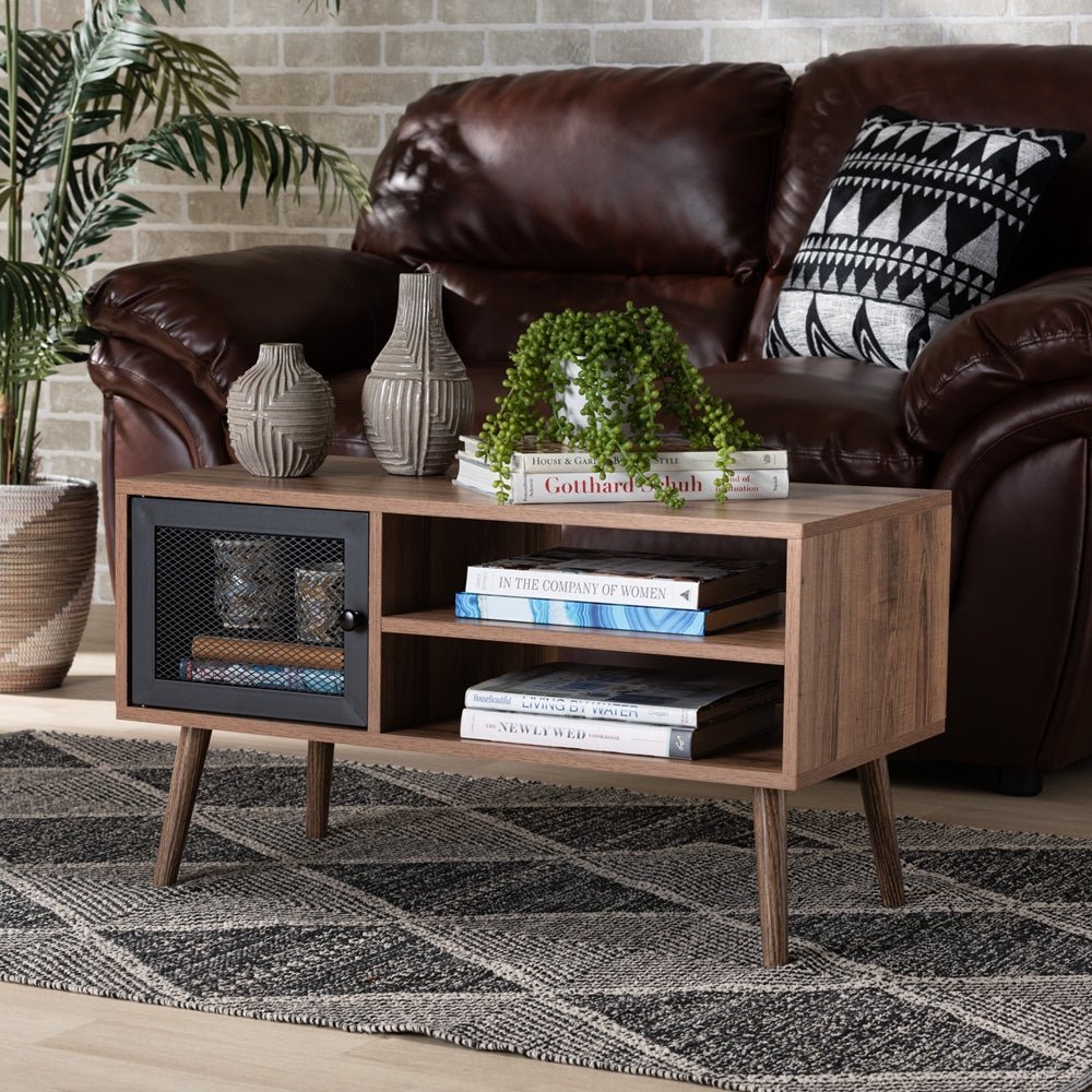 Baxton Studio Yuna Mid Century Modern Transitional Natural Brown Finished Wood & Black Metal Door Coffee Table - lily & onyx