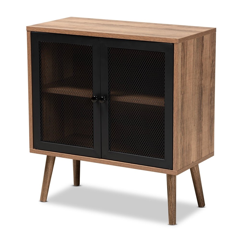 Baxton Studio Yuna Mid Century Modern Transitional Natural Brown Finished Wood And Black Metal 2 Door Storage Cabinet