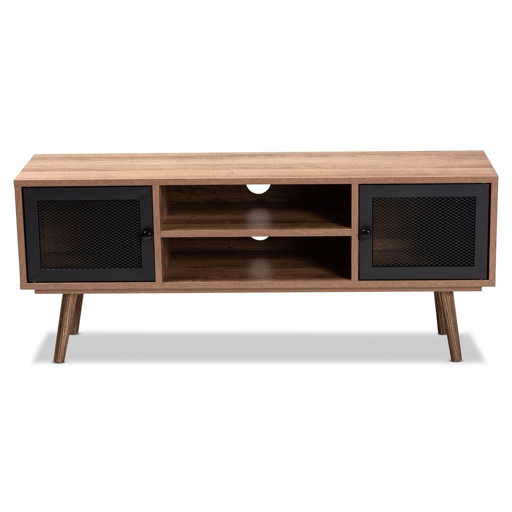 Baxton Studio Yuna Mid Century Modern Transitional Natural Brown Finished Wood And Black Metal 2 Door Tv Stand - lily & onyx