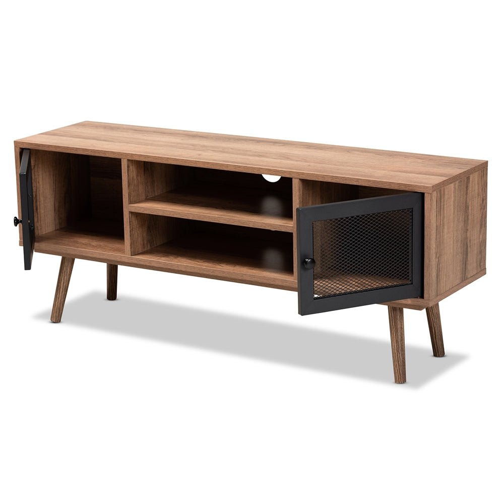 Baxton Studio Yuna Mid Century Modern Transitional Natural Brown Finished Wood And Black Metal 2 Door Tv Stand - lily & onyx