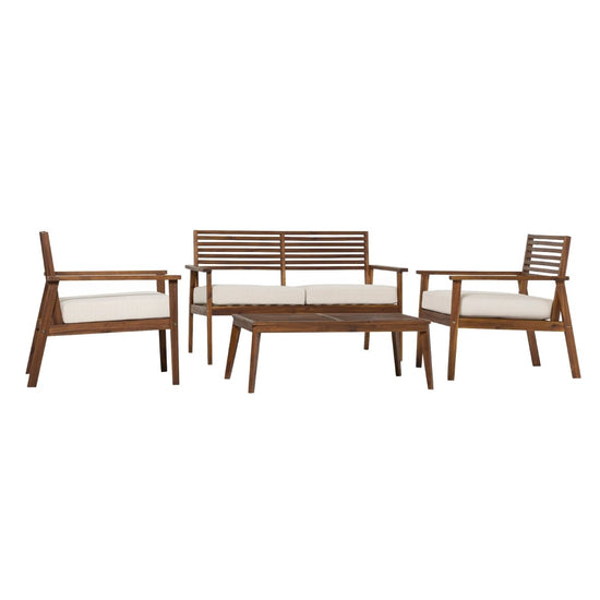Walker Edison Zander 4-Piece Mid-Century Modern Acacia Outdoor Slat-Back Chat Set with Coffee Table - lily & onyx