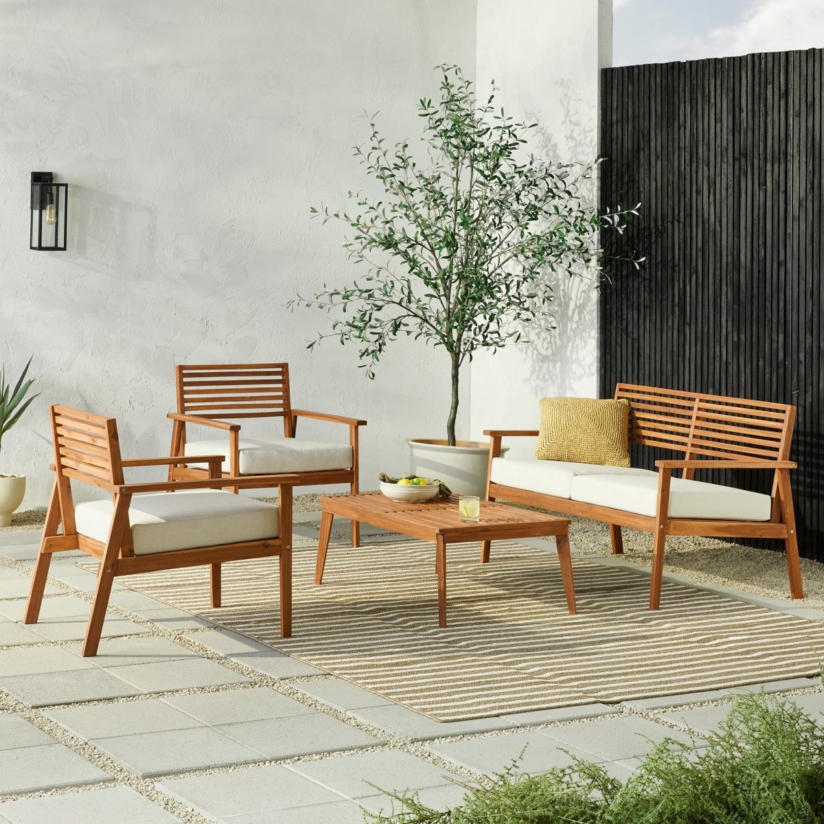 Walker Edison Zander 4-Piece Mid-Century Modern Acacia Outdoor Slat-Back Chat Set with Coffee Table - lily & onyx