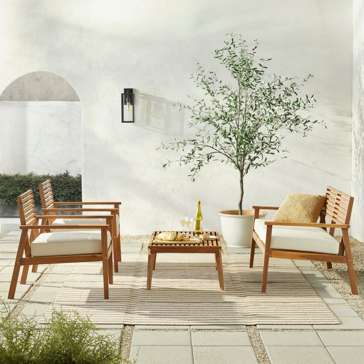 Walker Edison Zander 4-Piece Mid-Century Modern Acacia Outdoor Slat-Back Chat Set with Coffee Table - lily & onyx